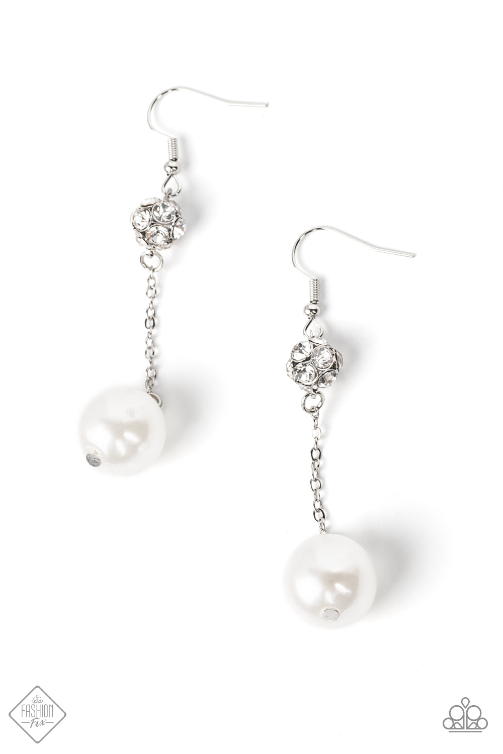 Nautical Nostalgia White Earring - Paparazzi Accessories  A lusciously oversized pearl is suspended from a dainty silver chain that delicately sways from a brilliant cluster of white rhinestones, making a glamorously elegant lure. Earring attaches to a standard fishhook fitting.  Sold as one pair of earrings.