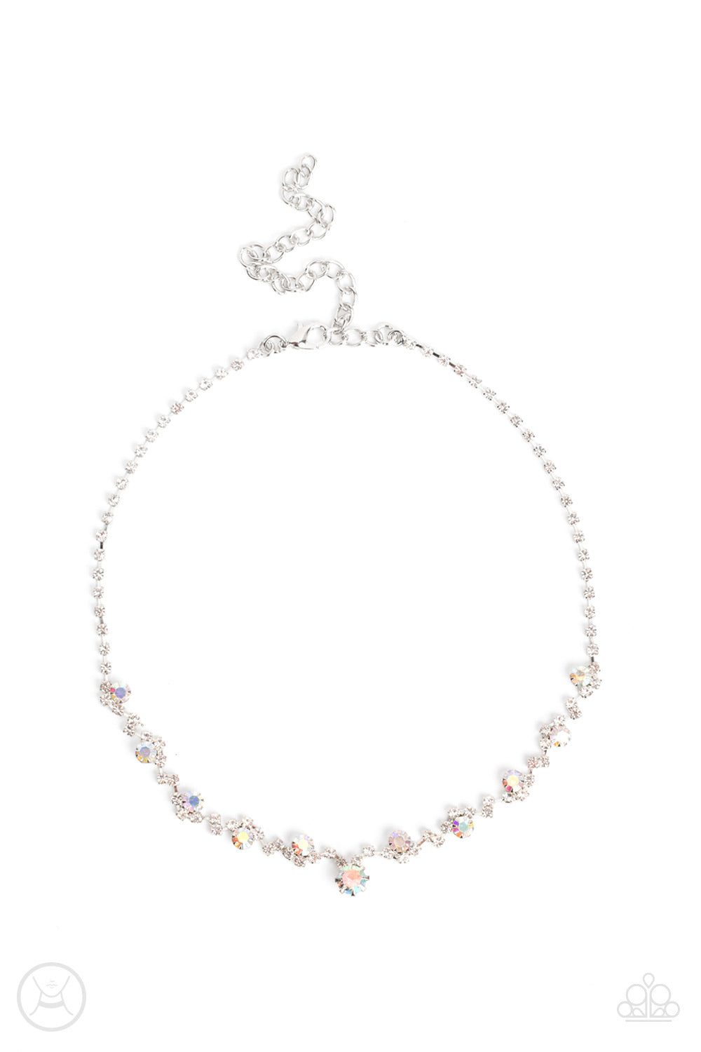 Regal Rebel Multi Choker Necklace - Paparazzi Accessories   Featuring pronged silver fittings, pairs and clusters of dainty white and iridescent rhinestones delicately connect to a strand of icy white rhinestones around the neck for a regal attitude. Features an adjustable clasp closure.  Sold as one individual choker necklace. Includes one pair of matching earrings.