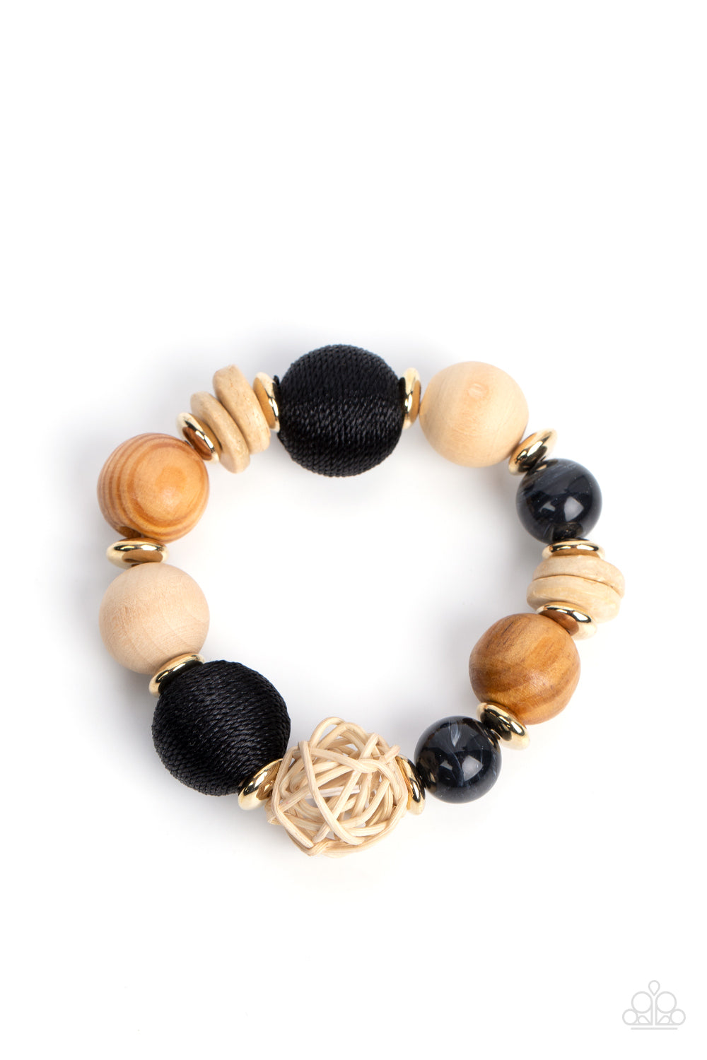 Happily Homespun Black Bracelet - Paparazzi Accessories  Infused with a single rattan sphere, a mismatched collection of oversized wooden beads, black thread wrapped beads, dainty gold accents, and glassy black beads are threaded along stretchy bands around the wrist for a homespun vibe.  Sold as one individual bracelet.