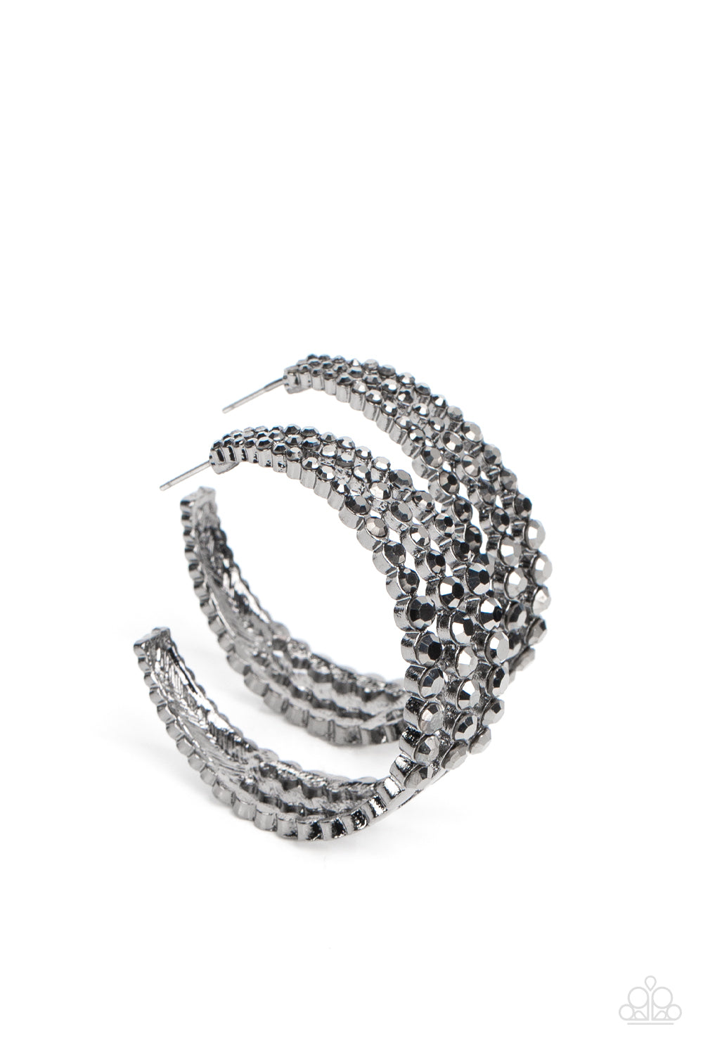 Cosmopolitan Cool Black Hoop Earring - Paparazzi Accessories  Cascading layers of smoldering hematite rhinestones plunge into flattened gunmetal plates creating a stunning eye-catching hoop earring. Earring attaches to a standard post fitting. Hoop measures approximately 2" in diameter.  Sold as one pair of hoop earrings.