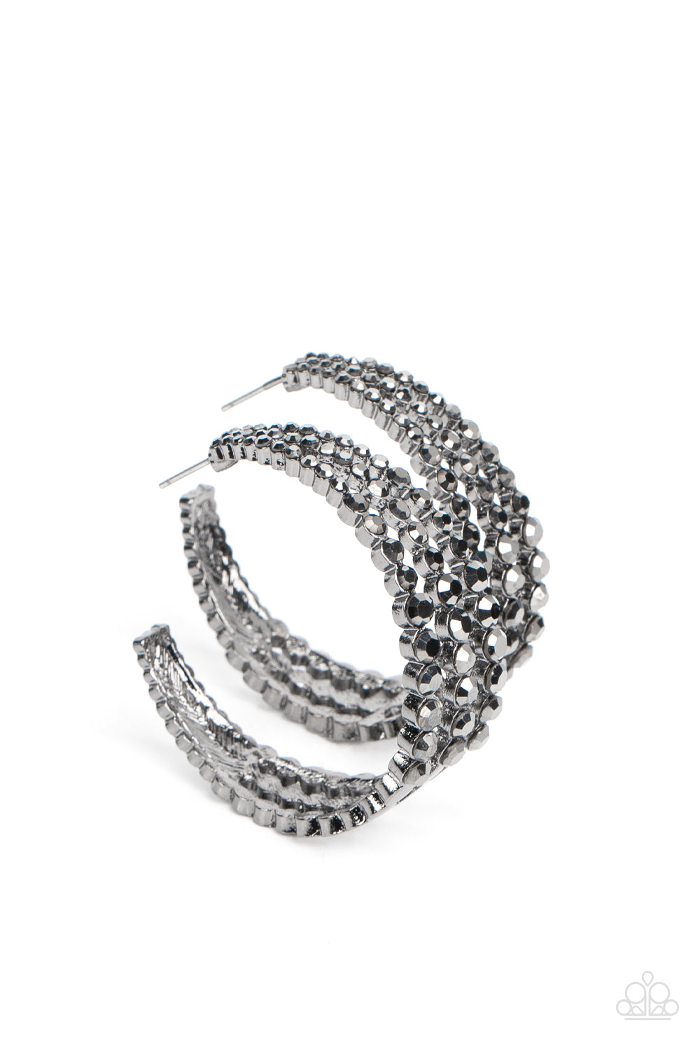 Cosmopolitan Cool Black Hoop Earring - Paparazzi Accessories  Cascading layers of smoldering hematite rhinestones plunge into flattened gunmetal plates creating a stunning eye-catching hoop earring. Earring attaches to a standard post fitting. Hoop measures approximately 2" in diameter.  Sold as one pair of hoop earrings.