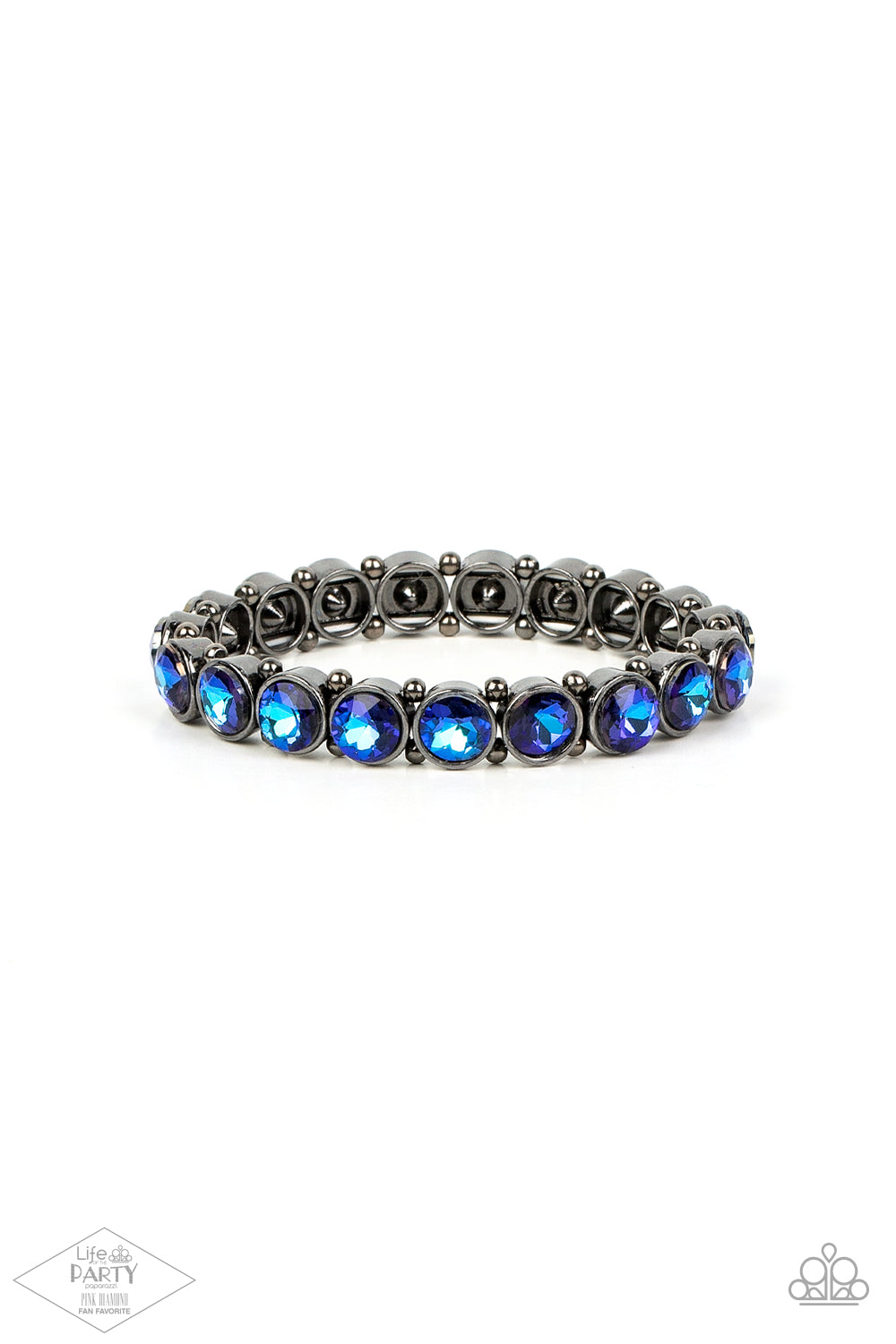 Sugar-Coated Sparkle Multi Bracelet - Paparazzi Accessories  Infused with dainty gunmetal beads, iridescent blue rhinestone encrusted frames are threaded along stretchy bands around the wrist for a glamorous look.  Sold as one individual bracelet.  New KitFANFAVORITE This Fan Favorite is back in the spotlight at the request of our 2021 Life of the Party member with Pink Diamond Access, Ashley G.