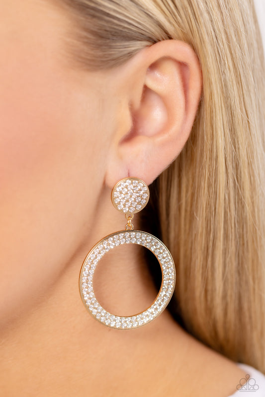 GLOW You Away Gold Post Earring - Paparazzi Accessories  Encrusted in rows of glassy white rhinestones, a flat gold hoop swings from the bottom of a white rhinestone dotted gold frame for a statement-making finish. Earring attaches to a standard post fitting.  Sold as one pair of post earrings.  P5PO-GDXX-206XX