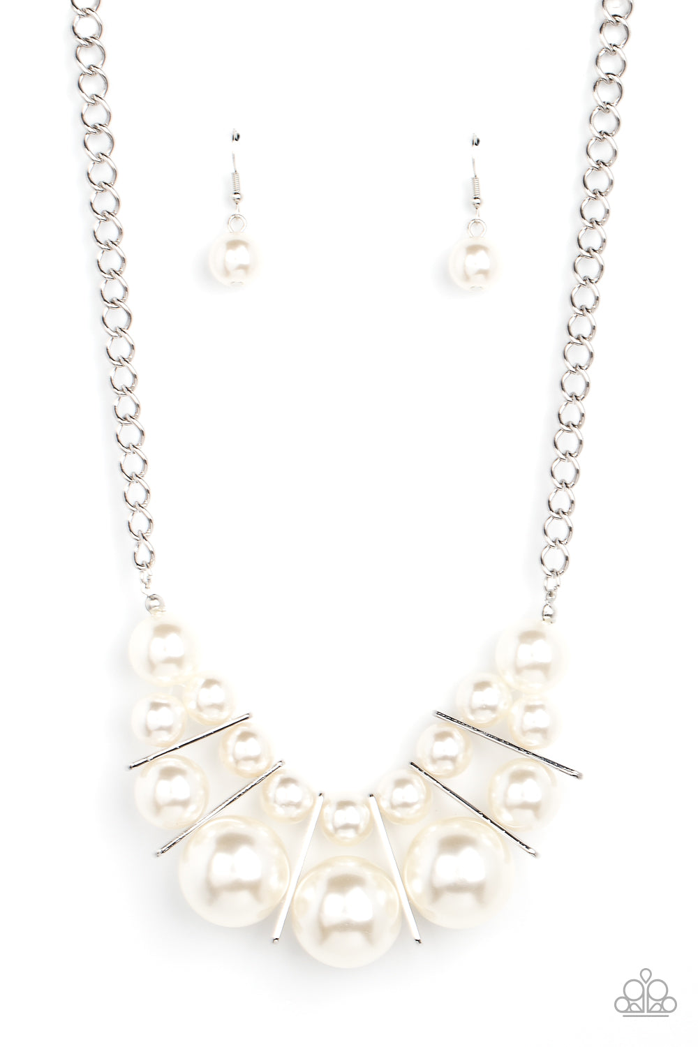 Challenge Accepted White Pearl Necklace - Paparazzi Accessories  Separated by rectangular silver frames, bubbly rows of classic and oversized white pearls are threaded along invisible wires at the bottom of a chunky silver chain for an effervescent explosion below the collar. Features an adjustable clasp closure.  Sold as one individual necklace. Includes one pair of matching earrings.