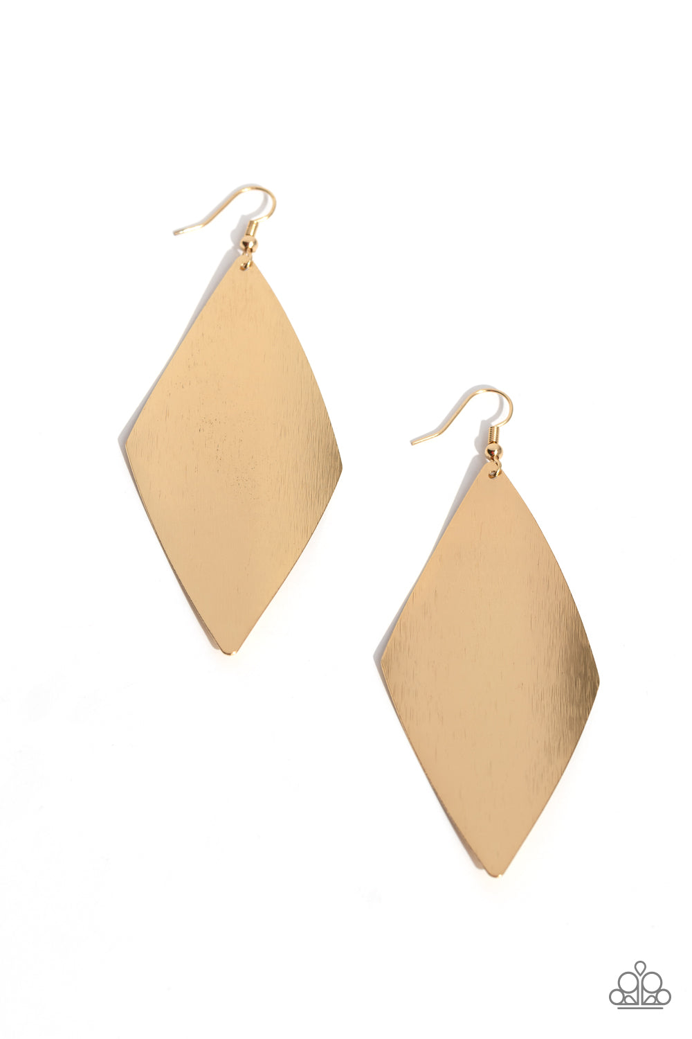 Retro Rally Gold Earring - Paparazzi Accessories  Etched in shimmer, a kite-shaped gold frame delicately folds and ripples as it falls from the ear for an edgy vibe. Earring attaches to a standard fishhook fitting.  Sold as one pair of earrings.  Sku:  P5ED-GDXX-086XX
