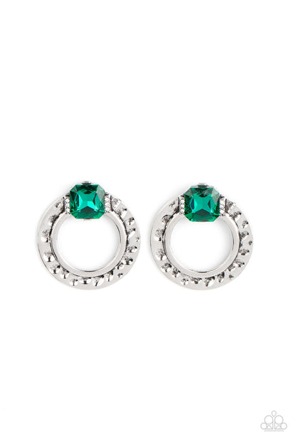 Smoldering Scintillation - Green Item #P5PO-GRXX-048XX Featuring a radiant cut, a green rhinestone sparkles between two dainty rows of glassy white rhinestones atop a hammered silver ring for a gritty yet glamorous finish. Earring attaches to a standard post fitting.  Sold as one pair of post earrings.