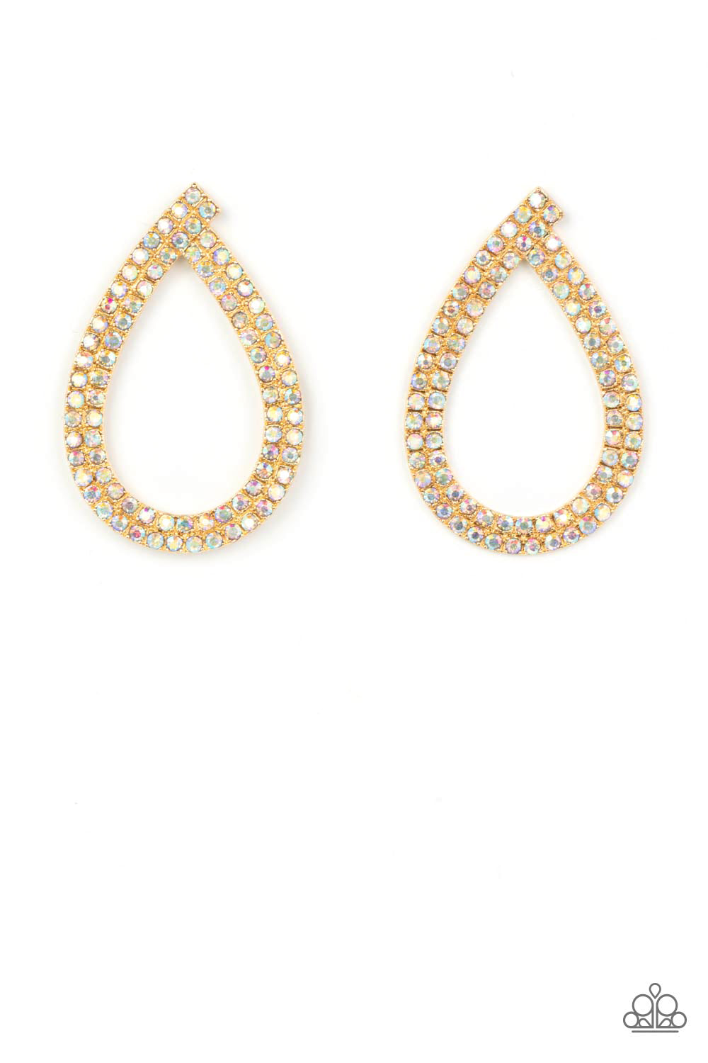 Diva Dust Gold Earring - Paparazzi Accessories  Glitzy ribbons of dainty iridescent rhinestones delicately swoop into a stellar teardrop frame, resulting in a sultry sparkle. Due to its prismatic palette, color may vary. Earring attaches to a standard post fitting.  Sold as one pair of post earrings.