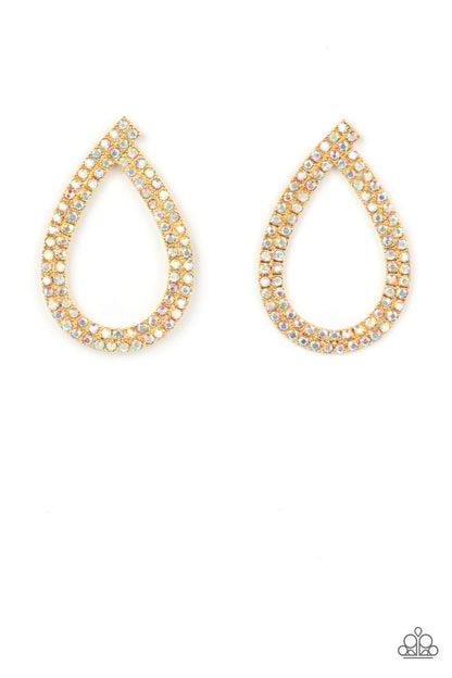 Diva Dust Gold Earring - Paparazzi Accessories  Glitzy ribbons of dainty iridescent rhinestones delicately swoop into a stellar teardrop frame, resulting in a sultry sparkle. Due to its prismatic palette, color may vary. Earring attaches to a standard post fitting.  Sold as one pair of post earrings.