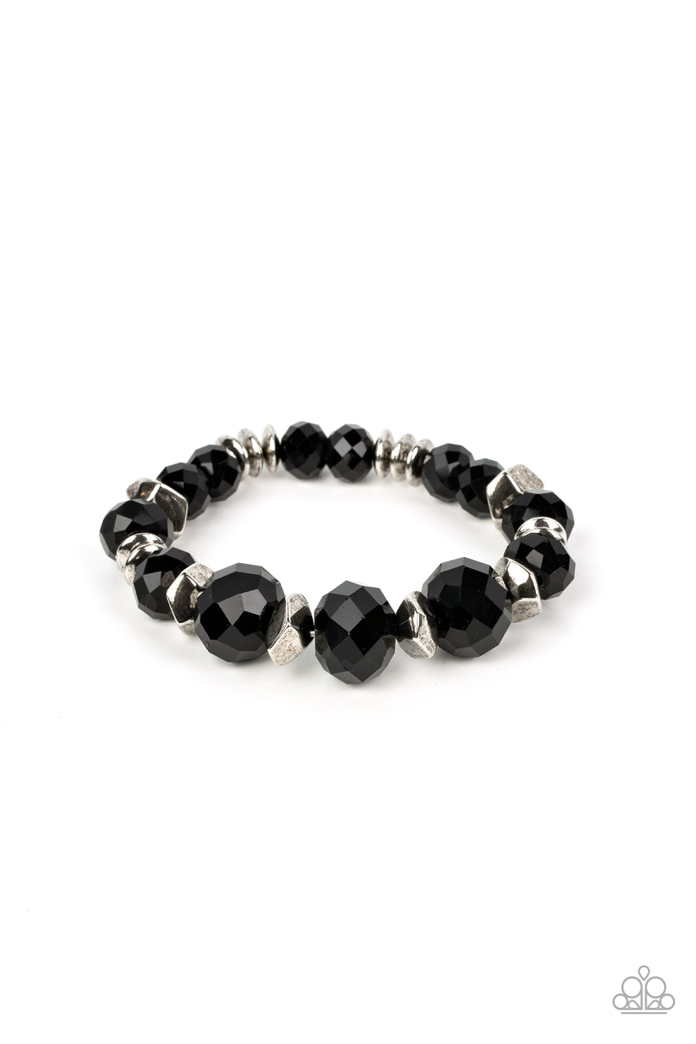 Astral Auras Black Bracelet - Paparazzi Accessories  Separated by silver discs and faceted silver accents, faceted black crystal-like gems are threaded along stretchy bands around the wrist for a stellar statement.  Sold as one individual bracelet.  Get The Complete Look! Necklace: "Cosmic Cadence - Black" (Sold Separately)