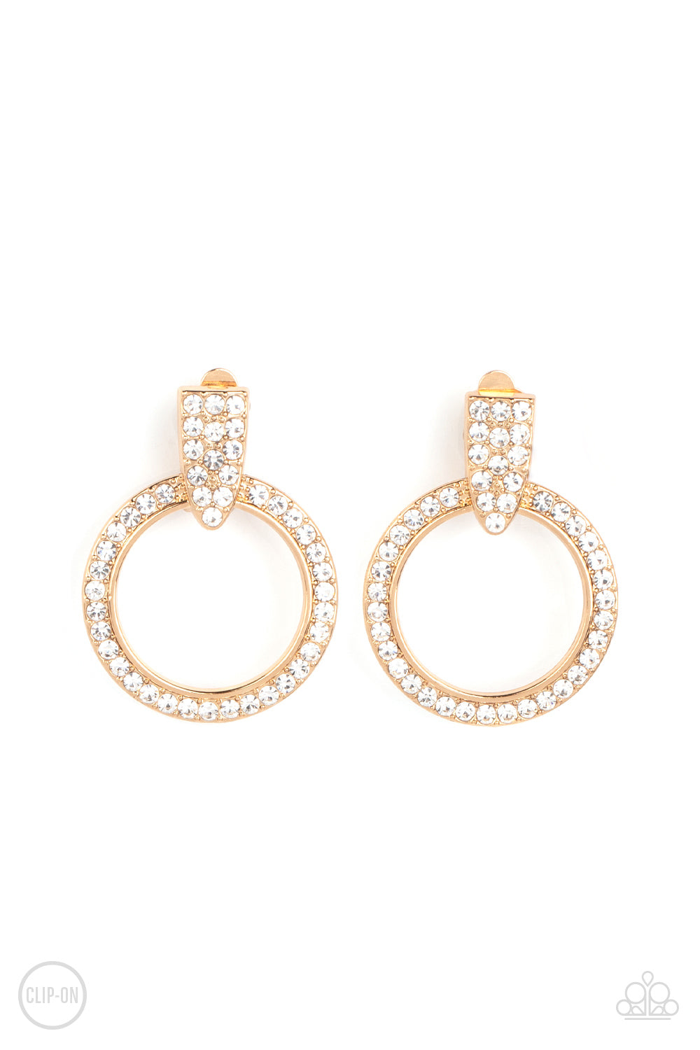 Sparkle at Your Service Gold Clip-On Earring - Paparazzi Accessories  Encrusted in glassy white rhinestones, a gold hoop attaches to a triangular gold fitting for a classic sparkle. Earring attaches to a standard clip-on fitting.  Sold as one pair of clip-on earrings.