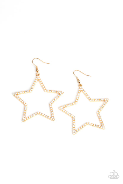Supernova Sparkle Gold Earring - Paparazzi Accessories  Sparkly white rhinestones adorn the front of an oversized gold star silhouette, sparking into a stellar centerpiece. Earring attaches to a standard fishhook fitting.  Sold as one pair of earrings.