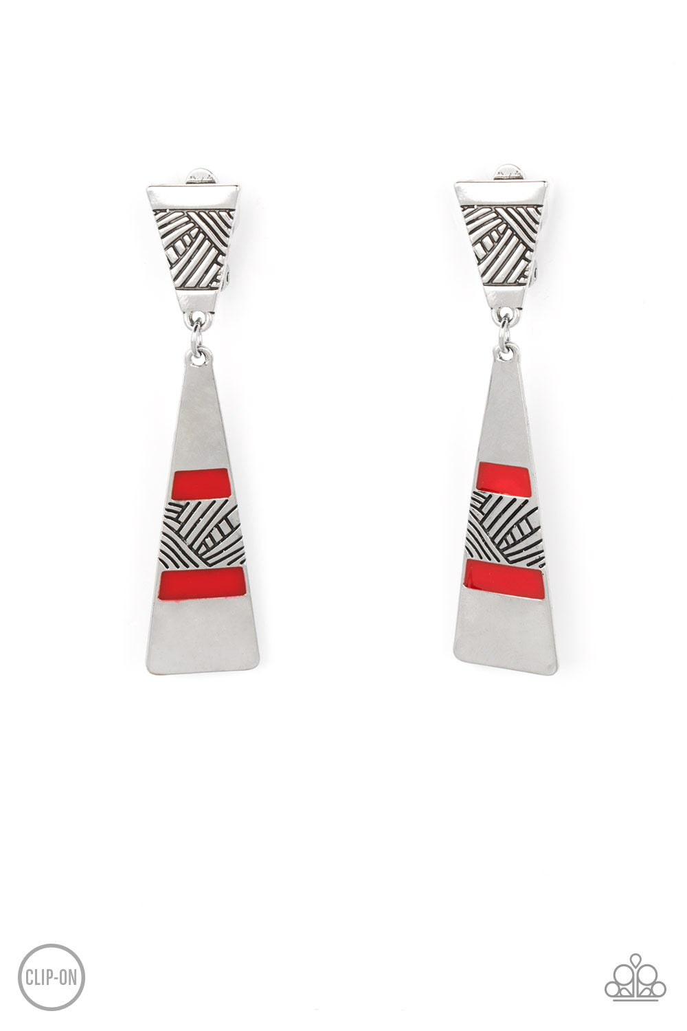 Safari Seeker Red Clip-On Earring - Paparazzi Accessories  Etched in sections of slanted textile-like patterns, two antiqued triangular silver frames link into an edgy lure. The lowermost frame is painted in rows of shiny red accents, adding a fiery pop of color to the adventurous display. Earring attaches to a standard clip-on fitting.  Sold as one pair of clip-on earrings.