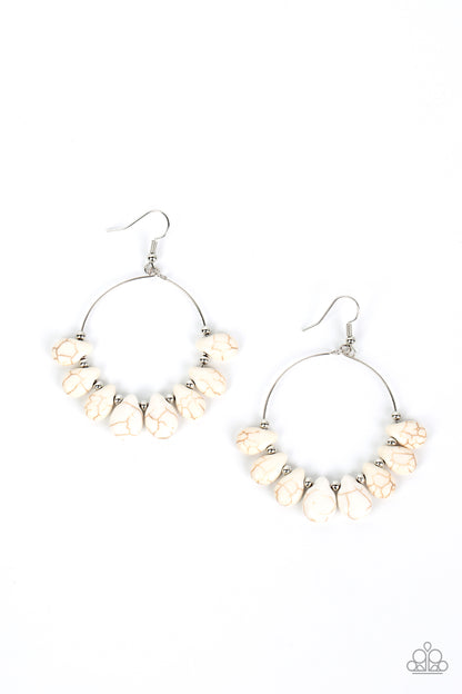 Canyon Quarry White Stone Earring - Paparazzi Accessories  Imperfect white teardrop stones alternate with dainty silver beads along a wire hoop, resulting in an adventurous fringe. Earring attaches to a standard fishhook fitting.  Sold as one pair of earrings.