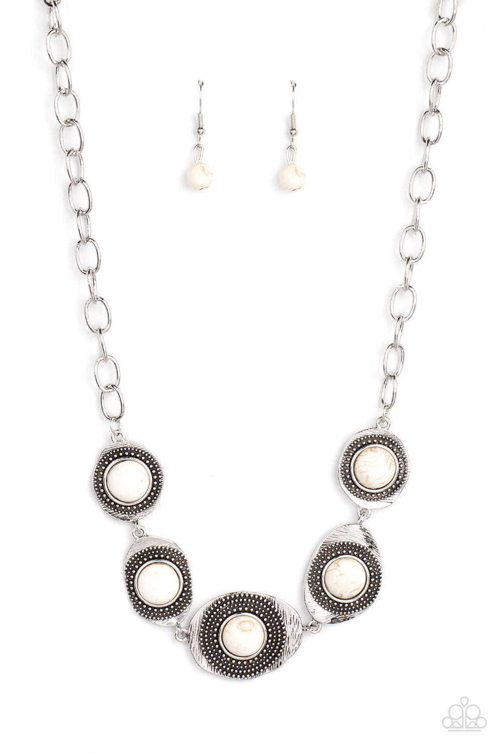 Homestead Harmony White Necklace - Paparazzi Accessories Item #P2SE-WTXX-282XX Refreshing white stones dot the centers of wavy irregular-shaped frames. Embellished with studded and etched feathery texture, the rustic frames create an earthy artisanal display below the collar. Features an adjustable clasp closure.  Sold as one individual necklace. Includes one pair of matching earrings.