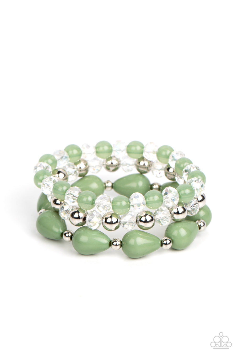 Beachside Brunch Green Bracelet - Paparazzi Accessories  A whimsical assortment of crystal-like beads, silver beads, opaque Basil beads, and Basil teardrop beads are threaded along stretchy bands around the wrist, resulting in colorful layers.  Sold as one set of three bracelets.