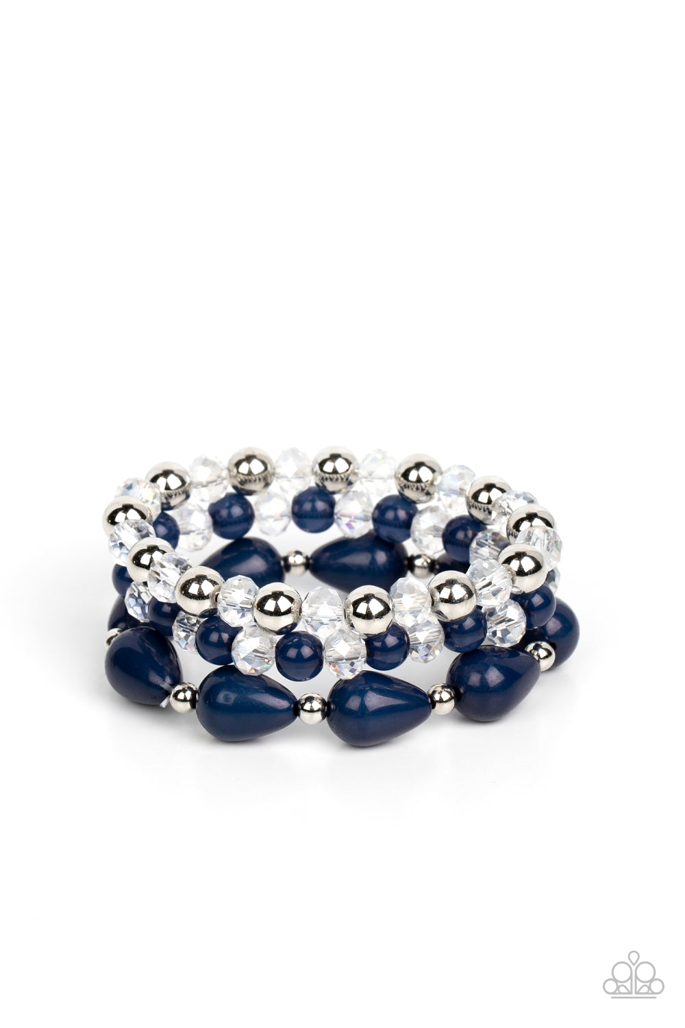 Beachside Brunch Blue Bracelet - Paparazzi Accessories  A whimsical assortment of crystal-like beads, silver beads, opaque navy beads, and navy teardrop beads are threaded along stretchy bands around the wrist, resulting in colorful layers.  Sold as one set of three bracelets.