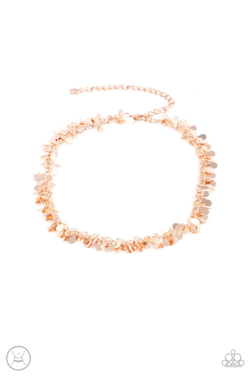 Surreal Shimmer Gold Choker Necklace - Paparazzi Accessories  A dainty collection of flat rose gold teardrops delicately cluster along a dainty rose gold chain around the neck, resulting in a shimmery fringe. Features an adjustable clasp closure.  Sold as one individual choker necklace. Includes one pair of matching earrings.