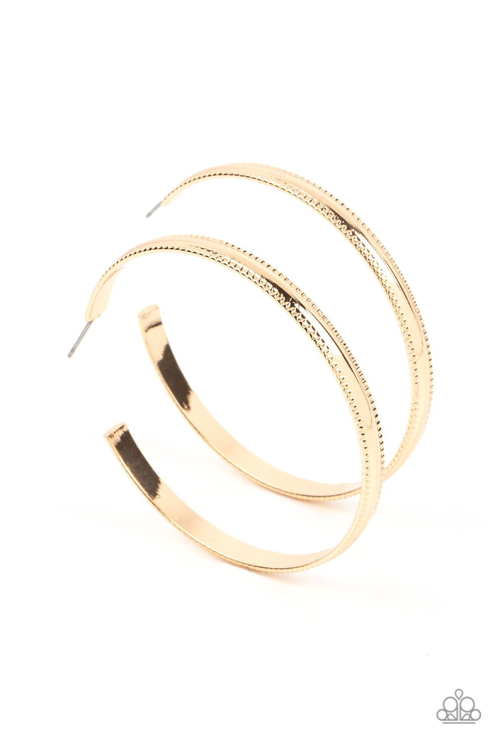 Monochromatic Magnetism Gold Hoop Earring - Paparazzi Accessories   Bordered in gritty ribbons of texture, a flat gold bar curves into an oversized hoop for an intense industrial statement. Earring attaches to a standard post fitting. Hoop measures approximately 2 1/4" in diameter.  Sold as one pair of hoop earrings.