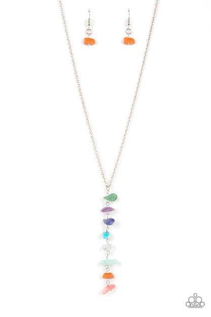 Tranquil Tidings Multi Necklace - Paparazzi Accessories  A dainty stack of natural stone pebbles trickles from the bottom of a classic silver chain, creating a tranquil extended pendant down the chest. Features an adjustable clasp closure. As the stone elements in this piece are natural, some color variation is normal.  Sold as one individual necklace. Includes one pair of matching earrings.