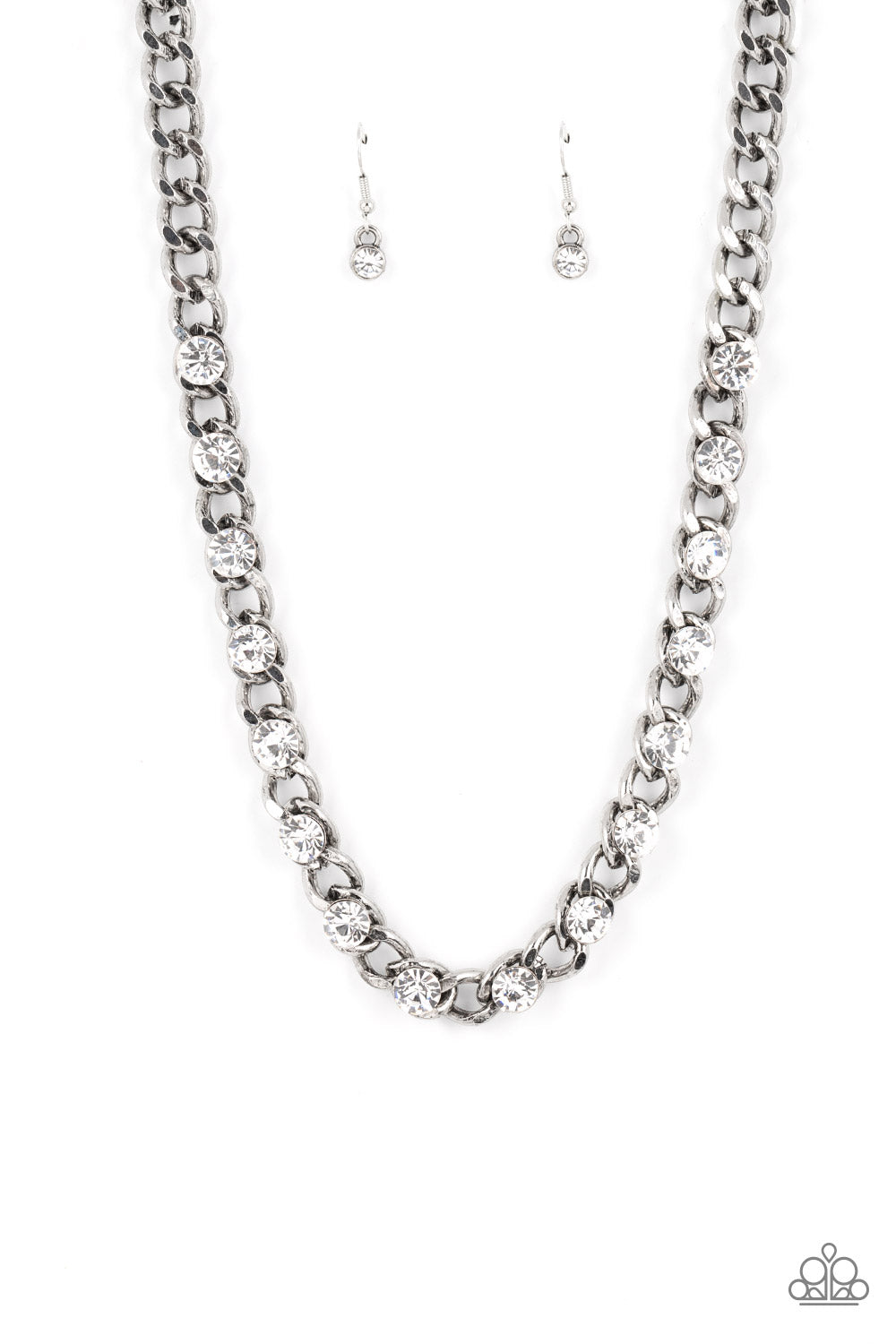 Major Moxie White Necklace - Paparazzi Accessories  Oversized white rhinestones dot a row of oversized silver chain, resulting in a gritty glitz below the collar. Features an adjustable clasp closure.  Sold as one individual necklace. Includes one pair of matching earrings.