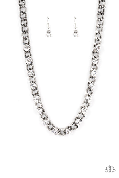 Major Moxie White Necklace - Paparazzi Accessories  Oversized white rhinestones dot a row of oversized silver chain, resulting in a gritty glitz below the collar. Features an adjustable clasp closure.  Sold as one individual necklace. Includes one pair of matching earrings.
