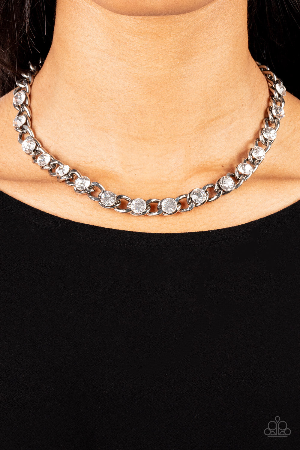 Major Moxie White Necklace - Paparazzi Accessories  Oversized white rhinestones dot a row of oversized silver chain, resulting in a gritty glitz below the collar. Features an adjustable clasp closure.  Sold as one individual necklace. Includes one pair of matching earrings.