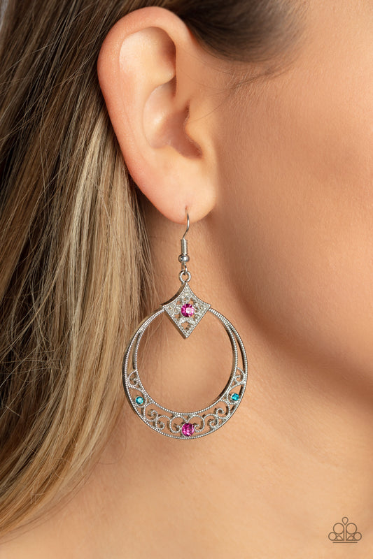 Royal Resort Multi Earring - Paparazzi Accessories  Studded silver filigree swirls inside the bottom of a shiny silver hoop that is crowned in a diamond-shaped frame. Glittery pink and blue rhinestones are sprinkled along the vine-like motifs, adding a glitzy finish to the seasonal inspired frame. Earring attaches to a standard fishhook fitting.  Sold as one pair of earrings.