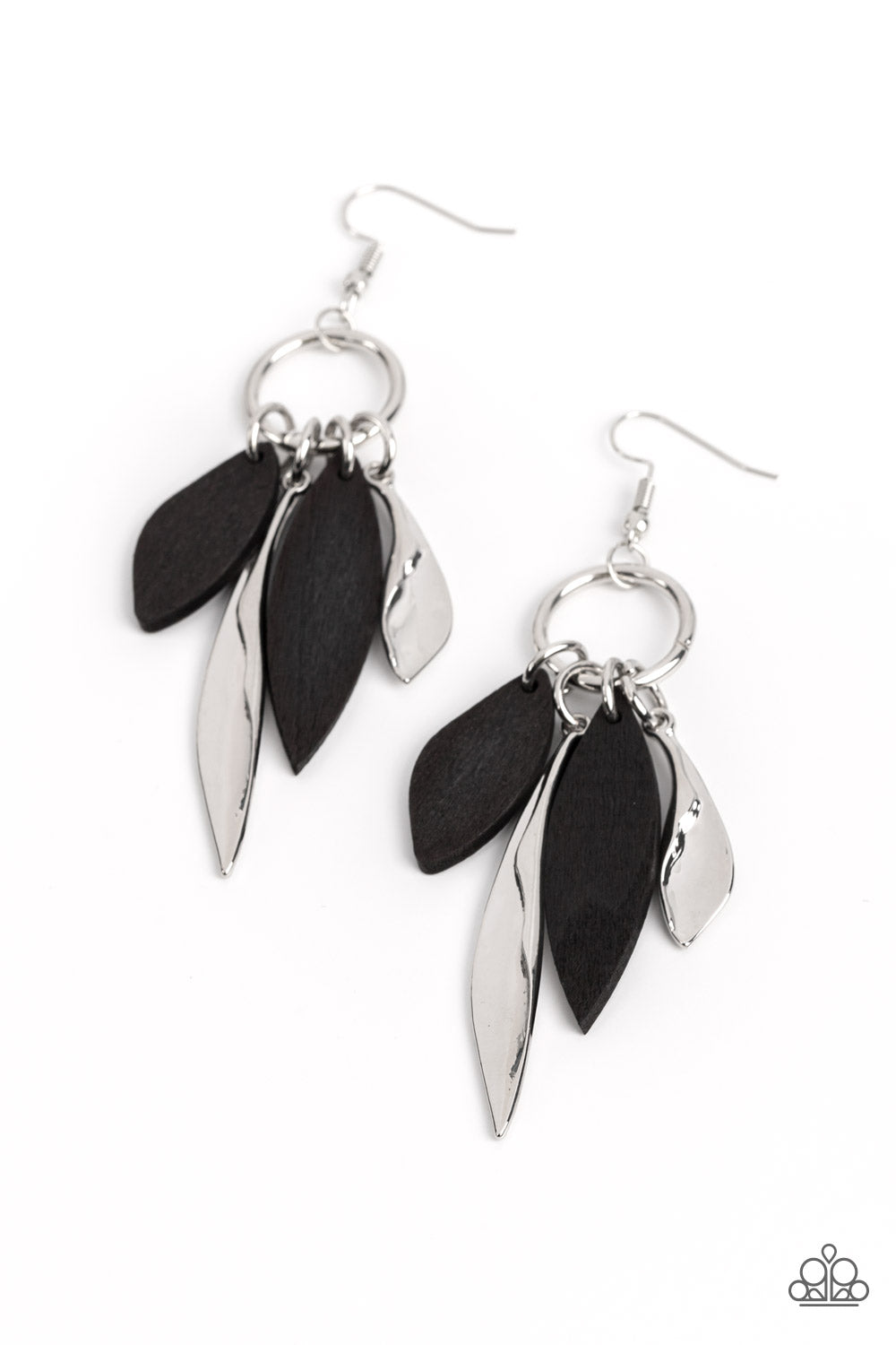 Primal Palette Black Earring - Paparazzi Accessories  A mismatched collection of asymmetrical black wooden frames and warped silver petals glide along a silver ring, resulting in an earthy tassel. Earring attaches to a standard fishhook fitting.  Sold as one pair of earrings.  P5SE-BKXX-317XX