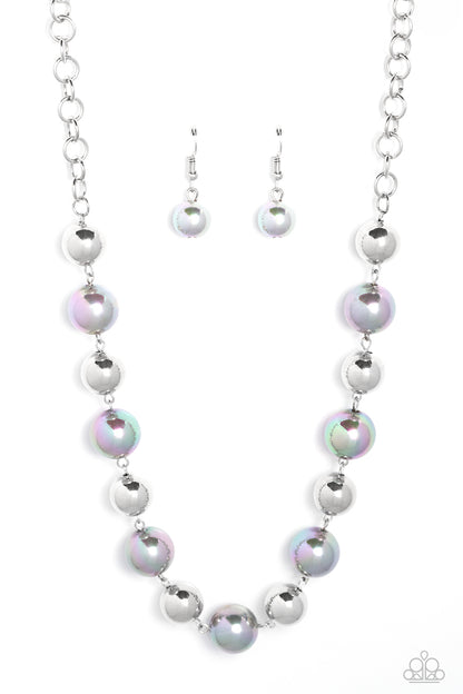 Dreamscape Escape - Silver Item #P2RE-SVXX-460IW Dipped in an iridescent finish, oversized silver pearls alternate with shiny silver beads below the collar for a dreamy pop of shimmer. Features an adjustable clasp closure.  Sold as one individual necklace. Includes one pair of matching earrings.  Get The Complete Look! Bracelet: "A DREAMSCAPE Come True - Silver" (Sold Separately)