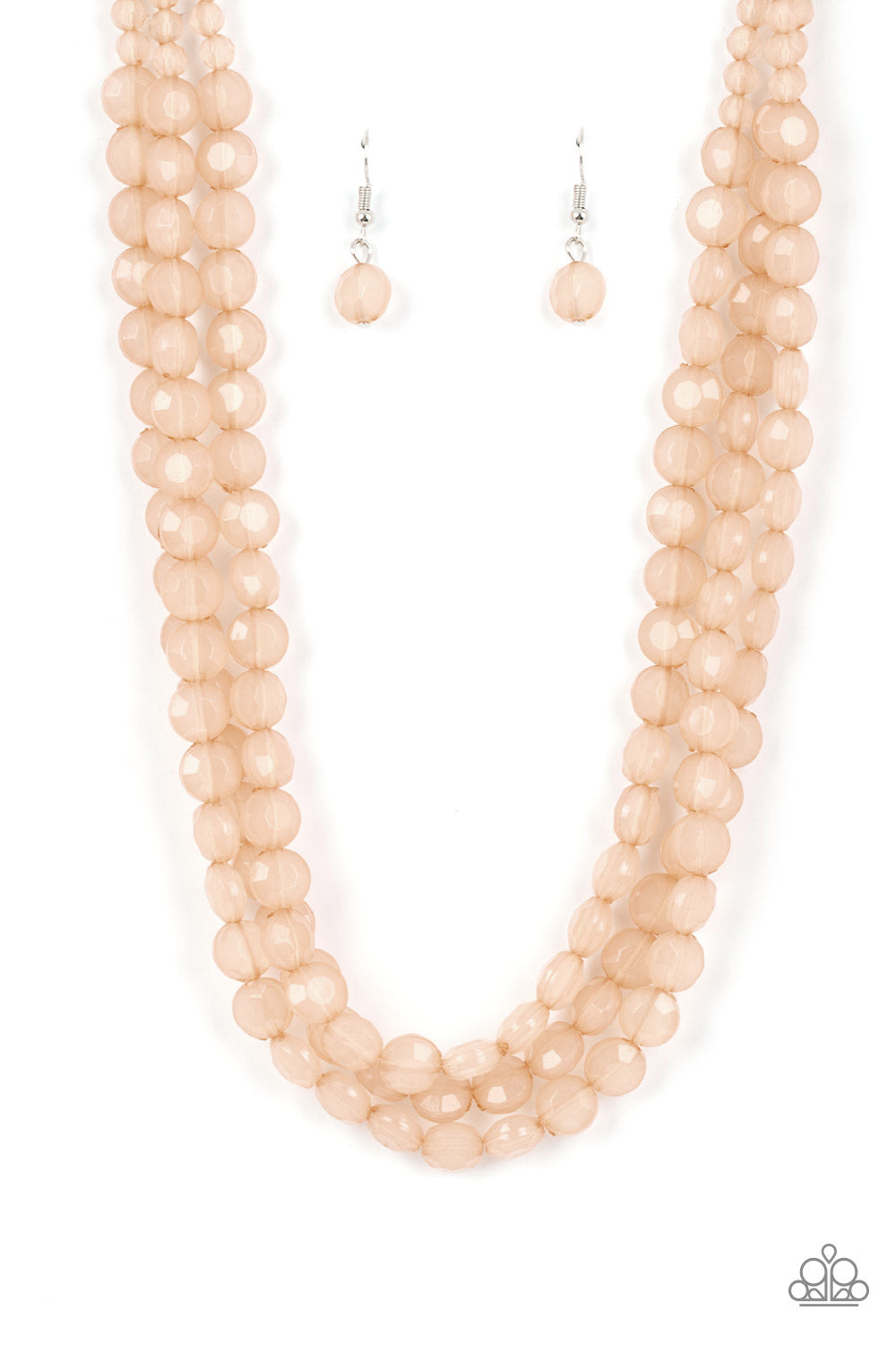 Boundless Bliss Brown Necklace - Paparazzi Accessories  Featuring faceted gem-like cuts, opaque brown crystal-like beads are threaded along layers of thread below the collar for a dreamy pop of color. Features an adjustable clasp closure.  Sold as one individual necklace. Includes one pair of matching earrings.