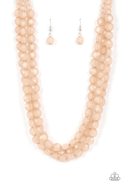 Boundless Bliss Brown Necklace - Paparazzi Accessories  Featuring faceted gem-like cuts, opaque brown crystal-like beads are threaded along layers of thread below the collar for a dreamy pop of color. Features an adjustable clasp closure.  Sold as one individual necklace. Includes one pair of matching earrings.