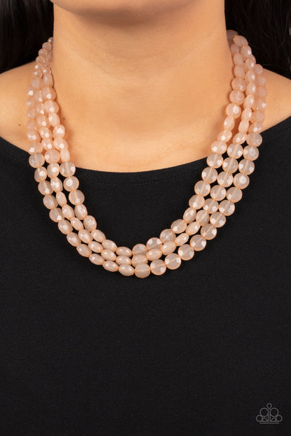 Boundless Bliss Brown Necklace - Paparazzi Accessories  Featuring faceted gem-like cuts, opaque brown crystal-like beads are threaded along layers of thread below the collar for a dreamy pop of color. Features an adjustable clasp closure.  Sold as one individual necklace. Includes one pair of matching earrings.