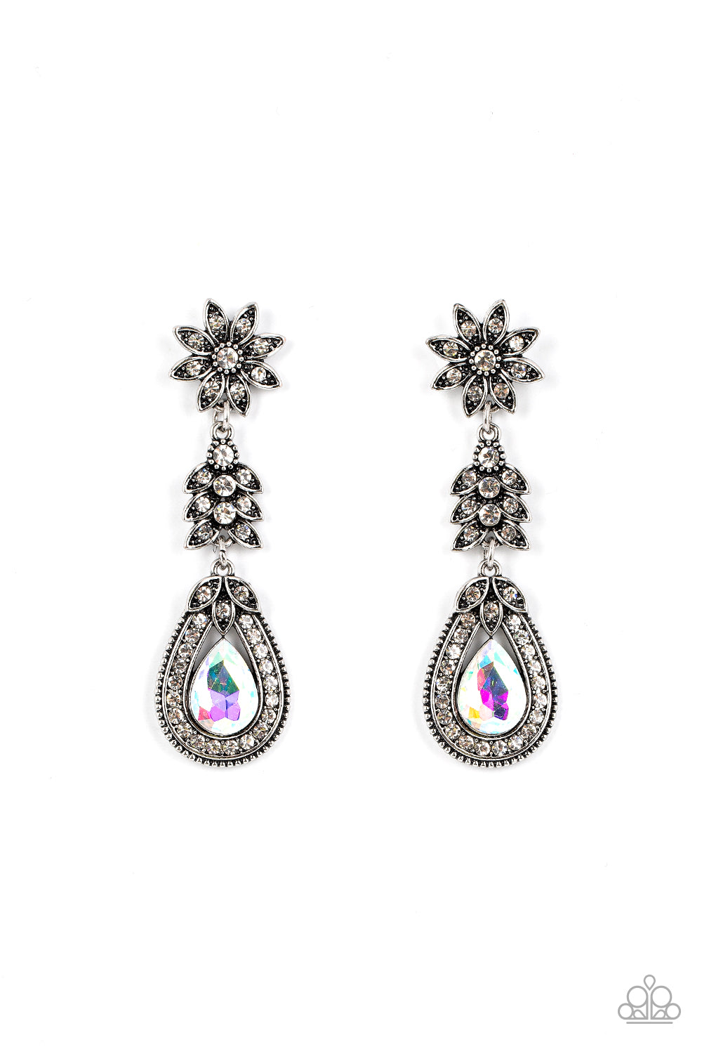 Floral Fantasy - Multi Item #P5PO-MTXX-078XX Dotted in dainty white rhinestones, a studded silver flower gives way to a leafy frame that is delicately suspended above a decorative white rhinestone dotted teardrop frame. An oversized teardrop gem seemingly floats inside the center of the lowermost frame, adding iridescent dazzle to the floral fairytale. Due to its prismatic palette, color may vary. Earring attaches to a standard post fitting.  Sold as one pair of post earrings.