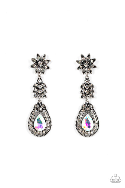 Floral Fantasy - Multi Item #P5PO-MTXX-078XX Dotted in dainty white rhinestones, a studded silver flower gives way to a leafy frame that is delicately suspended above a decorative white rhinestone dotted teardrop frame. An oversized teardrop gem seemingly floats inside the center of the lowermost frame, adding iridescent dazzle to the floral fairytale. Due to its prismatic palette, color may vary. Earring attaches to a standard post fitting.  Sold as one pair of post earrings.