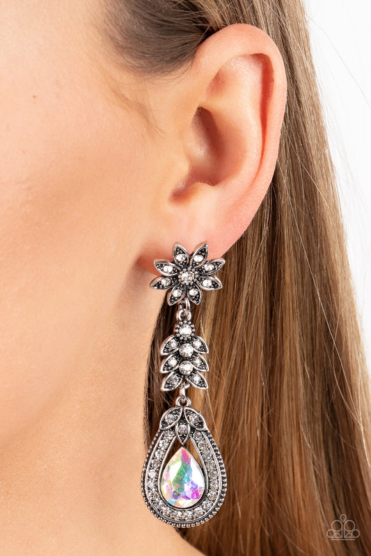 Floral Fantasy - Multi Item #P5PO-MTXX-078XX Dotted in dainty white rhinestones, a studded silver flower gives way to a leafy frame that is delicately suspended above a decorative white rhinestone dotted teardrop frame. An oversized teardrop gem seemingly floats inside the center of the lowermost frame, adding iridescent dazzle to the floral fairytale. Due to its prismatic palette, color may vary. Earring attaches to a standard post fitting.  Sold as one pair of post earrings.