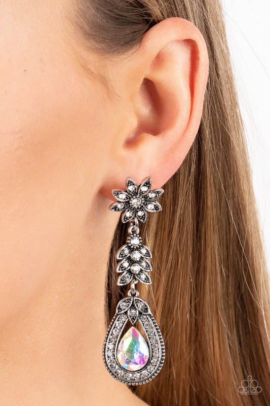 Floral Fantasy - Multi Item #P5PO-MTXX-078XX Dotted in dainty white rhinestones, a studded silver flower gives way to a leafy frame that is delicately suspended above a decorative white rhinestone dotted teardrop frame. An oversized teardrop gem seemingly floats inside the center of the lowermost frame, adding iridescent dazzle to the floral fairytale. Due to its prismatic palette, color may vary. Earring attaches to a standard post fitting.  Sold as one pair of post earrings.