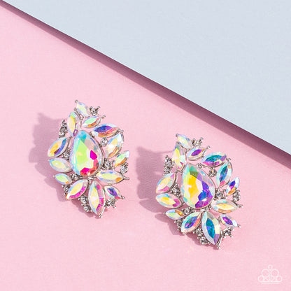 We All Scream for Ice QUEEN Multi Earring - Paparazzi Accessories  Crackling with icy incandescence, a sparkly collection of round white and marquise cut iridescent rhinestones scatters from an oversized iridescent teardrop gem for a jaw-dropping dazzle. Due to its prismatic palette, color may vary. Earring attaches to a standard post fitting.  Sold as one pair of post earrings.