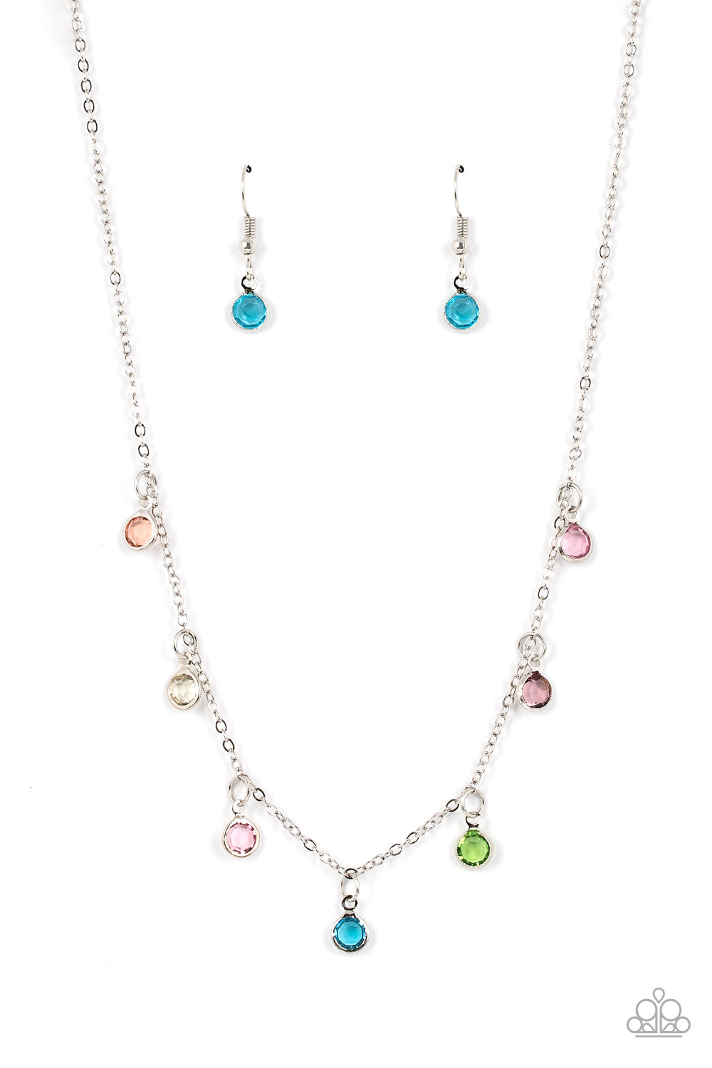 Carefree Charmer Multi Necklace - Paparazzi Accessories  Encased in sleek silver fittings, a dainty collection of glassy multicolored gems twinkles along a dainty silver chain below the collar, creating a colorful fringe. Features an adjustable clasp closure.  Sold as one individual necklace. Includes one pair of matching earrings.