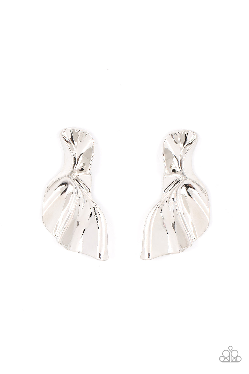 METAL-Physical Mood Silver Earring - Paparazzi Accessories  An oversized silver plate curls and ripples into an asymmetrical frame, resulting in a dramatic industrial display. Earring attaches to a standard post fitting.  Sold as one pair of post earrings.