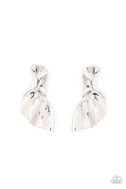 METAL-Physical Mood Silver Earring - Paparazzi Accessories  An oversized silver plate curls and ripples into an asymmetrical frame, resulting in a dramatic industrial display. Earring attaches to a standard post fitting.  Sold as one pair of post earrings.