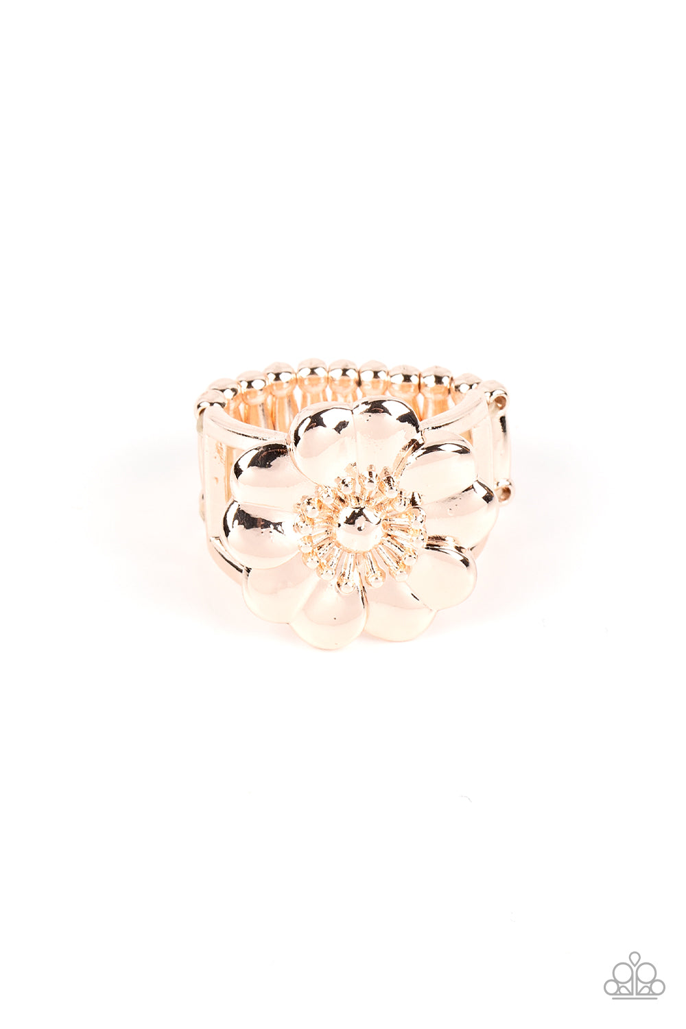 Floral Farmstead Rose Gold Ring - Paparazzi Accessories  Folds of heart shaped rose gold petals gather around a pronged and studded center, blooming into a whimsical floral centerpiece atop the finger. Features a stretchy band for a flexible fit.  Sold as one individual ring.
