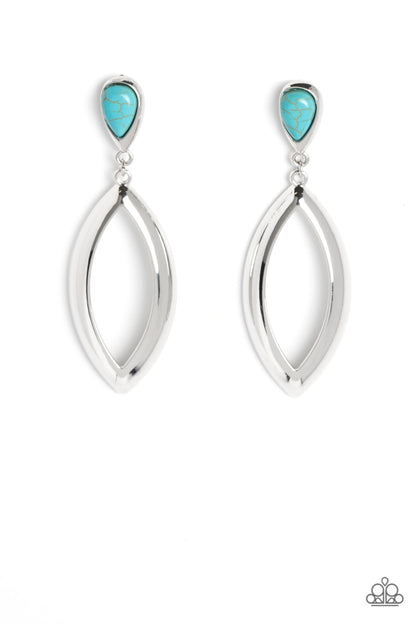 Artisan Anthem Turquoise Post Earring - Paparazzi Accessories  Set in a sleek silver fitting, a teardrop turquoise stone gives way to a beveled silver teardrop frame for an artisan inspired expression. Earring attaches to a standard post fitting.  Sold as one pair of post earrings.