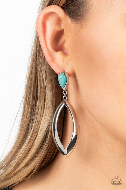 Artisan Anthem Turquoise Post Earring - Paparazzi Accessories  Set in a sleek silver fitting, a teardrop turquoise stone gives way to a beveled silver teardrop frame for an artisan inspired expression. Earring attaches to a standard post fitting.  Sold as one pair of post earrings.