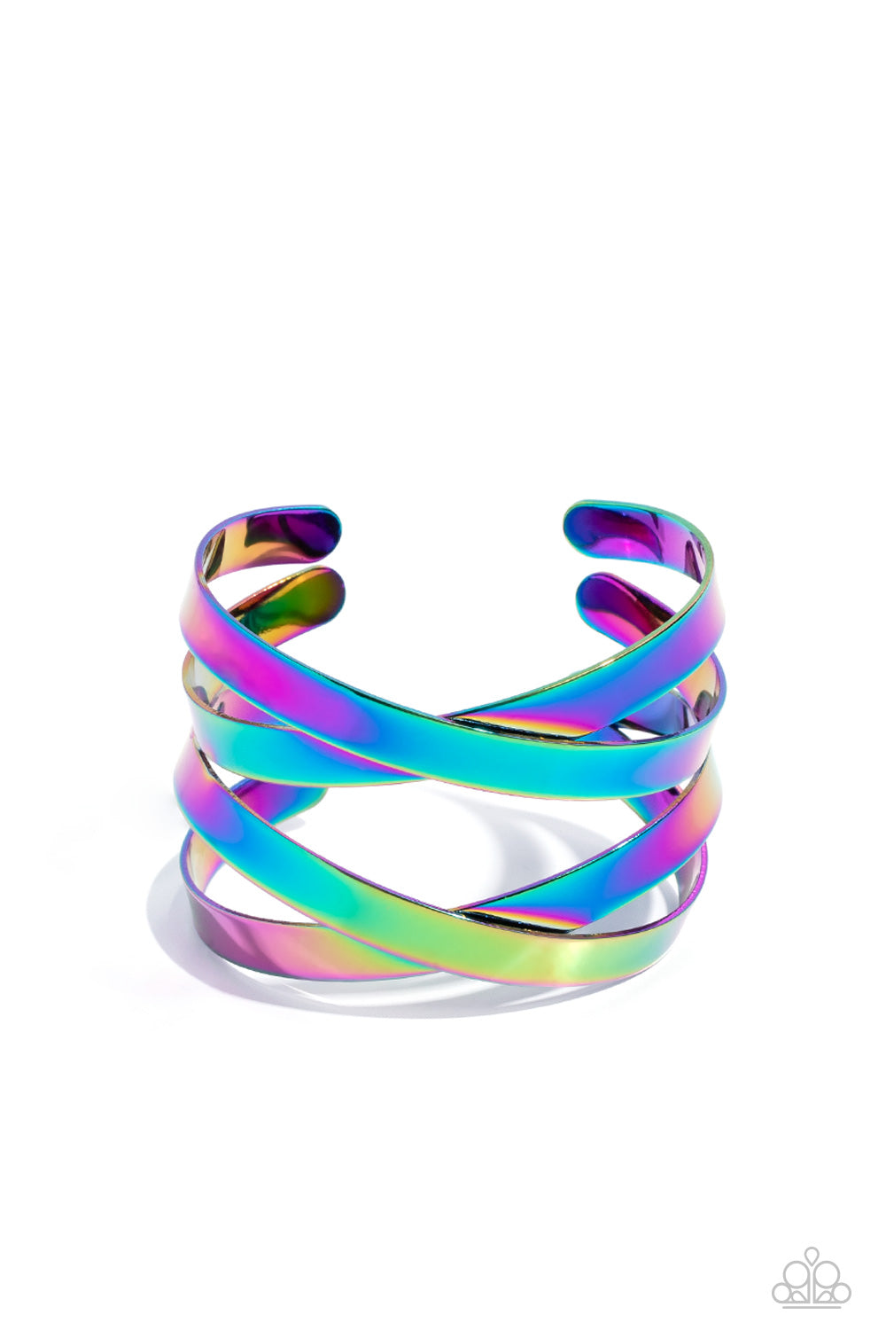 Industrial Imagination Multi Cuff Bracelet - Paparazzi Accessories  Burnished in a sleek oil spill finish, two sets of flat metal bands criss-cross over the wrist as they wrap into a lustrous cuff giving off an industrial vibe.  Sold as one individual bracelet.