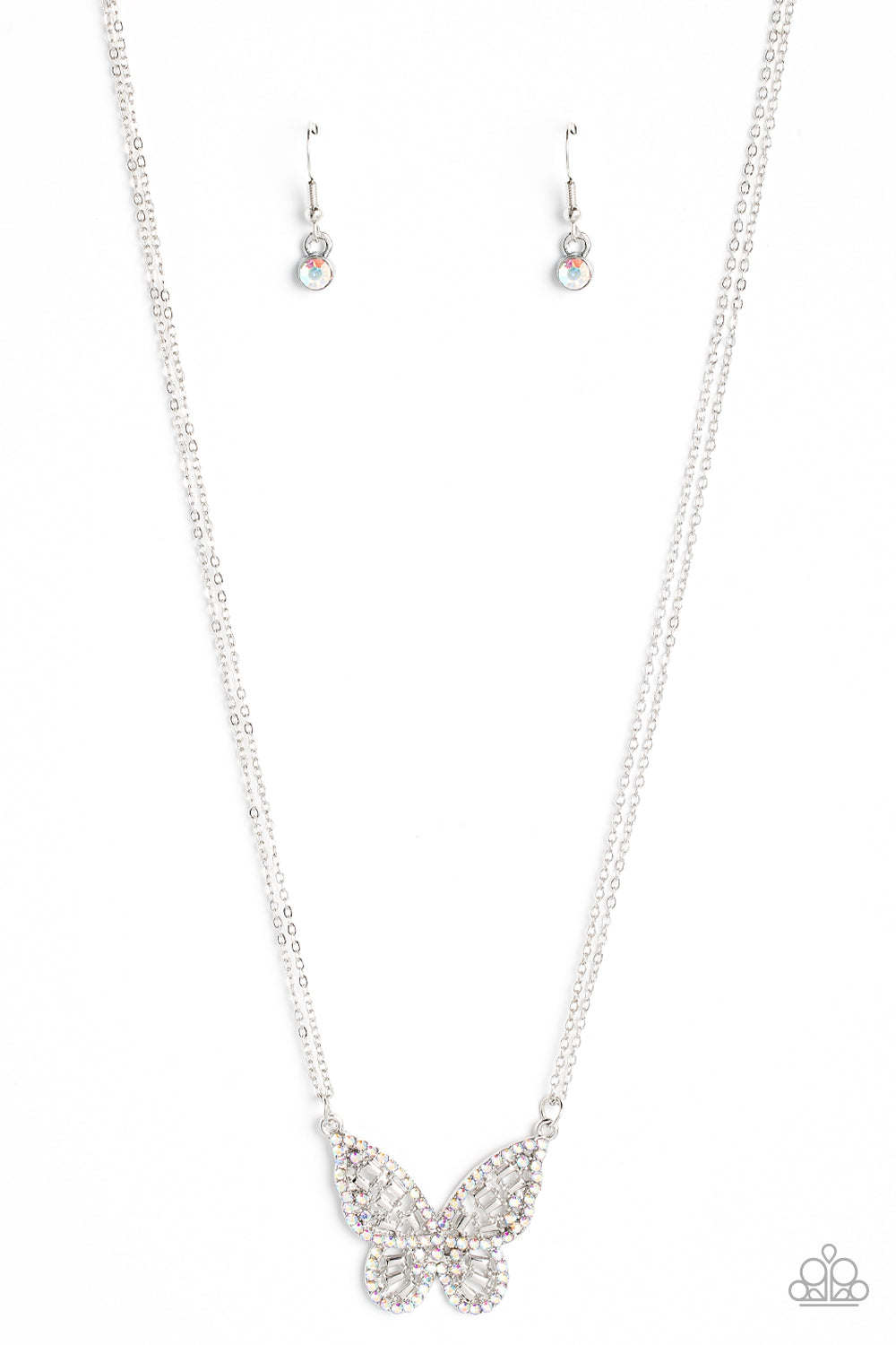 Baroque Butterfly Multi Necklace - Paparazzi Accessories  Bordered in iridescent rhinestones, an airy silver butterfly is dotted in dainty iridescent rhinestones and shiny silver emerald-like accents as it flutters from two chains below the collar for an enchanting fashion. Features an adjustable clasp closure. Due to its prismatic palette, color may vary.  Sold as one individual necklace. Includes one pair of matching earrings.  Get The Complete Look! Bracelet: "Butterfly Bella - Multi" (Sold Separately)