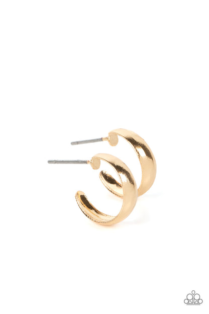 Mini Magic Gold Hoop Earring - Paparazzi Accessories  Featuring a high-sheen, a slightly flared smooth gold bar curves into a dainty hoop resulting in a basic staple piece perfect for layering. Earring attaches to a standard post fitting. Hoop measures approximately 1/2" in diameter.  Sold as one pair of hoop earrings.