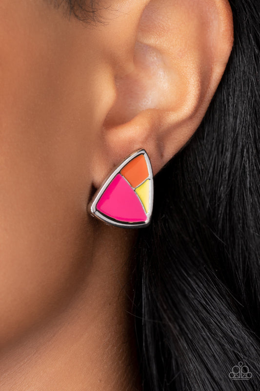Kaleidoscopic Collision Multi Post Earring - Paparazzi Accessories  A collision of Daffodil, Innuendo, and orange painted accents beam inside an asymmetric triangular frame for a contemporary pop of color. Earring attaches to a standard post fitting.  Sold as one pair of post earrings.  P5PO-MTXX-077XX