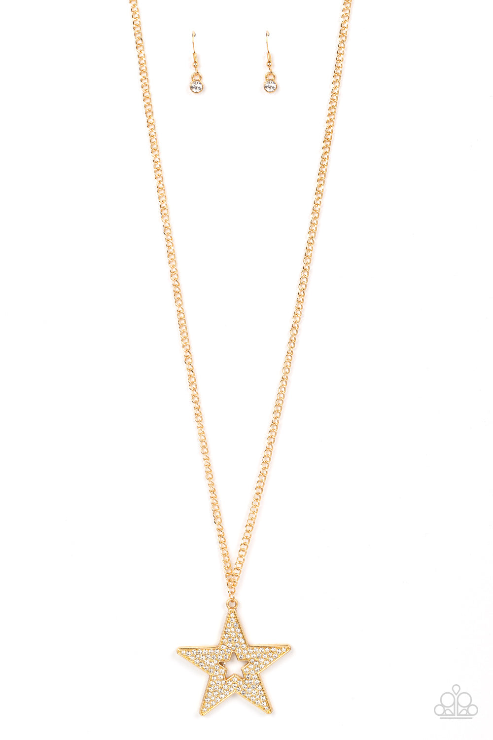 Superstar Stylist Gold Necklace - Paparazzi Accessories  Blinding white rhinestones are encrusted across the front of an oversized gold star frame at the bottom of a lengthened gold chain, resulting in a stellar sparkle. Features an adjustable clasp closure.  Sold as one individual necklace. Includes one pair of matching earrings.