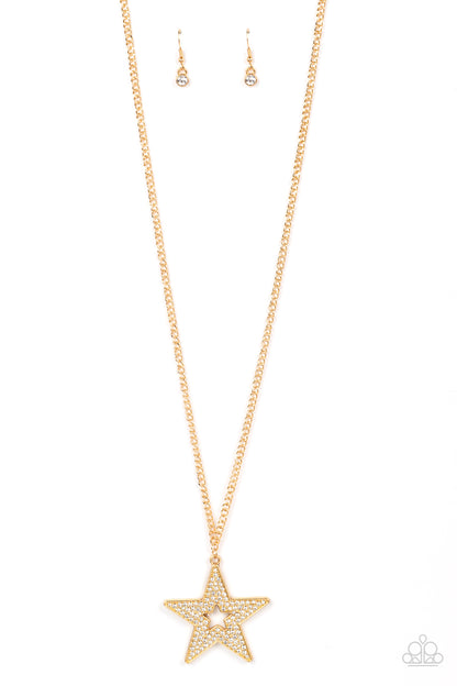 Superstar Stylist Gold Necklace - Paparazzi Accessories  Blinding white rhinestones are encrusted across the front of an oversized gold star frame at the bottom of a lengthened gold chain, resulting in a stellar sparkle. Features an adjustable clasp closure.  Sold as one individual necklace. Includes one pair of matching earrings.