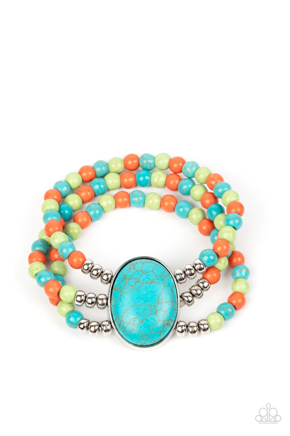 Stone Pools Multi Bracelet - Paparazzi Accessories  Layers of turquoise, green, and orange stone beads are threaded along stretchy bands that connect to a stunning oval turquoise stone, creating an extraordinary statement piece around the wrist.  Sold as one individual bracelet.